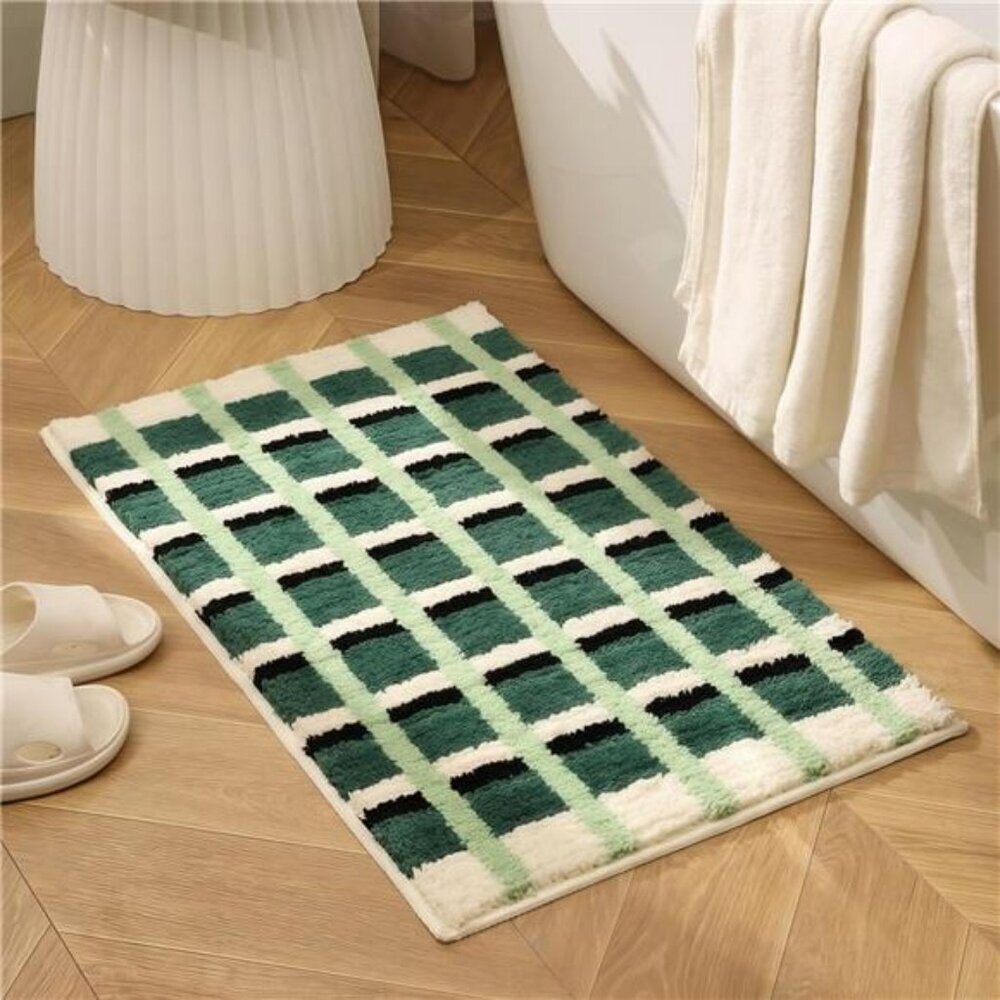 Green Checkered Bathroom Rug 24x16 Soft Absorbent Non Slip Washable Plush Bath M